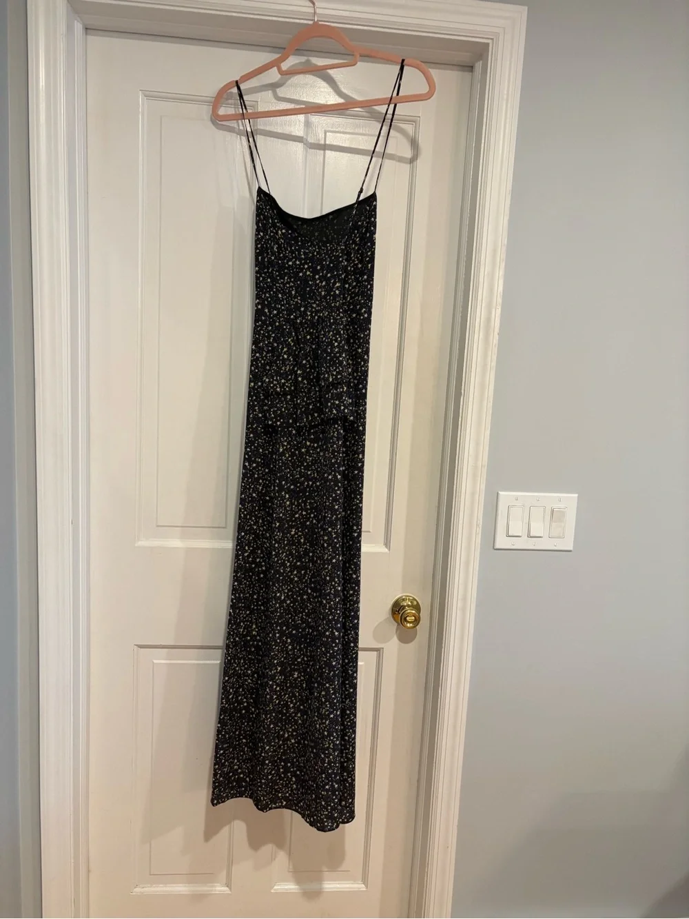 J Crew Spaghetti Strap Ruffle Back Black Silk Star Maxi Dress